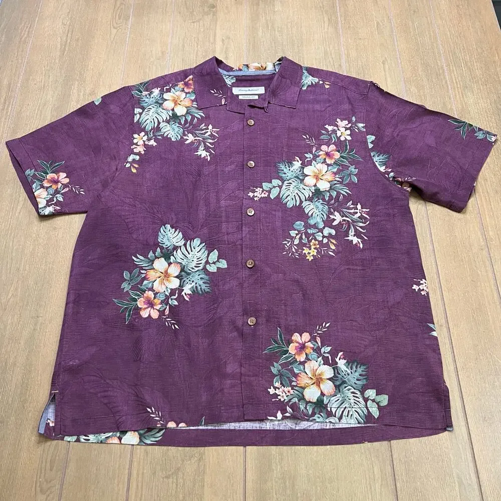 Tommy Bahama Silk Hawaiian Shirt XL Purple Floral Camp Shirt Original Fit Summer - Picture 9 of 13